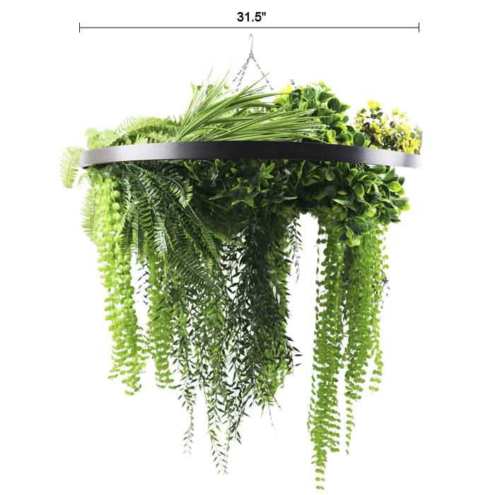 Black Framed Roof Hanging Disc With Draping Life-Like Ferns and Plants UV Resistant Large