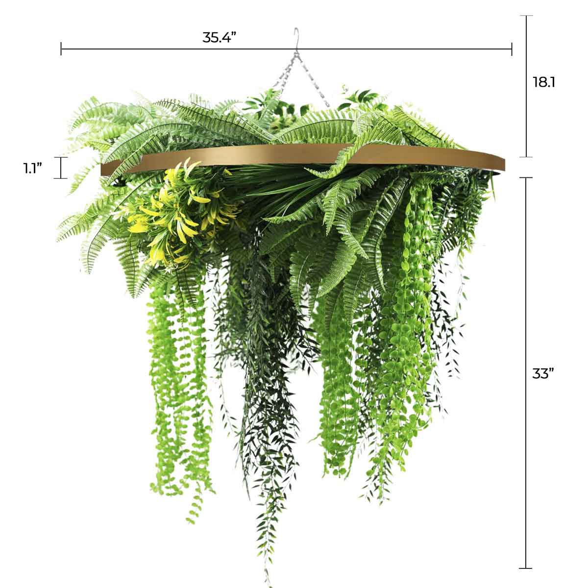Gold Framed Roof Hanging Disc With Draping Life-Like Ferns and Plants UV Resistant Large
