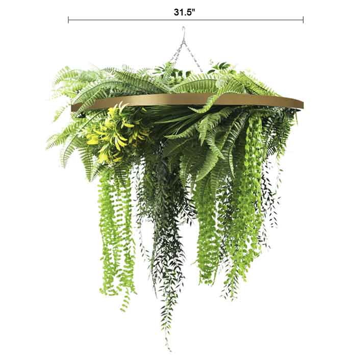 Gold Framed Roof Hanging Disc With Draping Life-Like Ferns and Plants UV Resistant Large