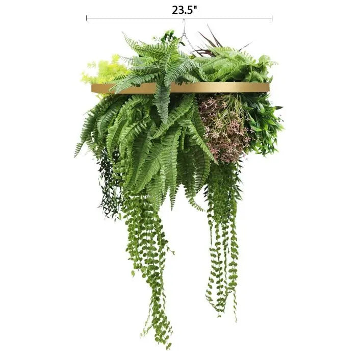 Gold Framed Roof Hanging Disc With Tropical Foliage Mix and Draping Stems UV Resistant Medium