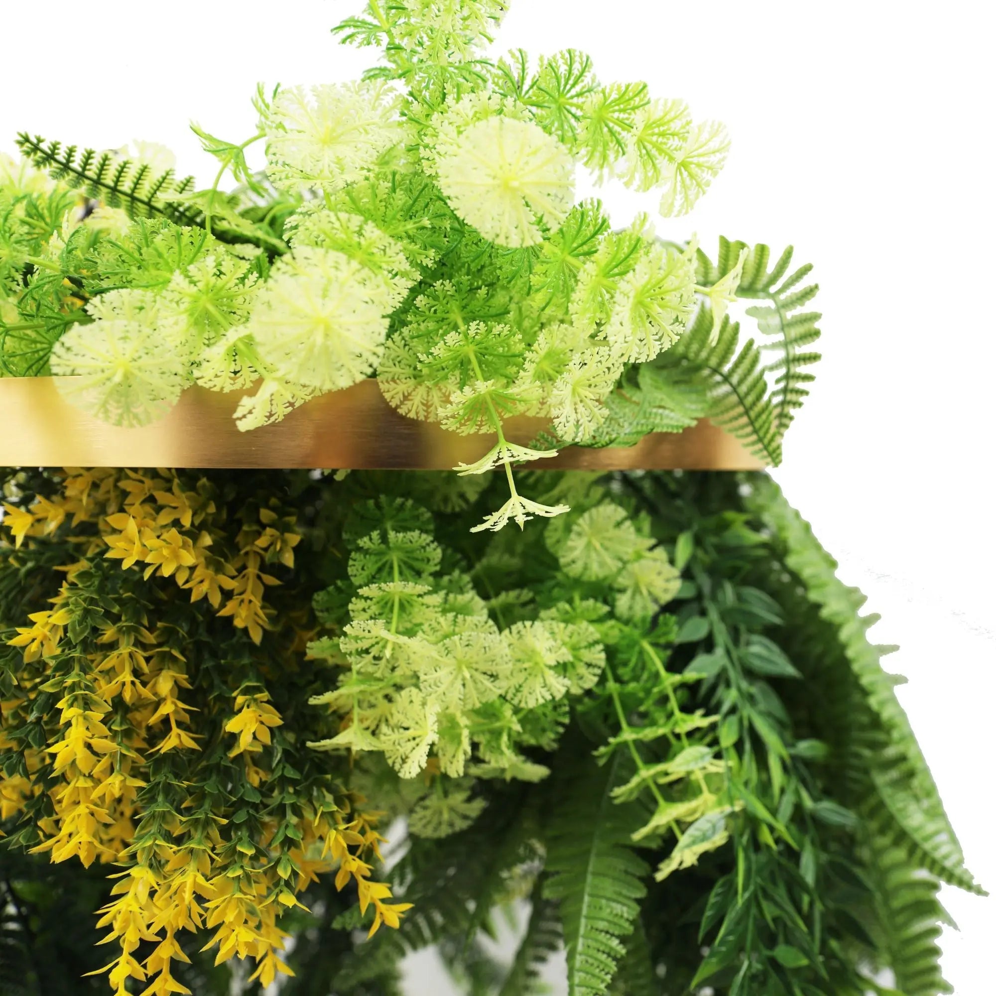 Gold Framed Roof Hanging Disc With Draping Life-Like Ferns and Plants UV Resistant Large