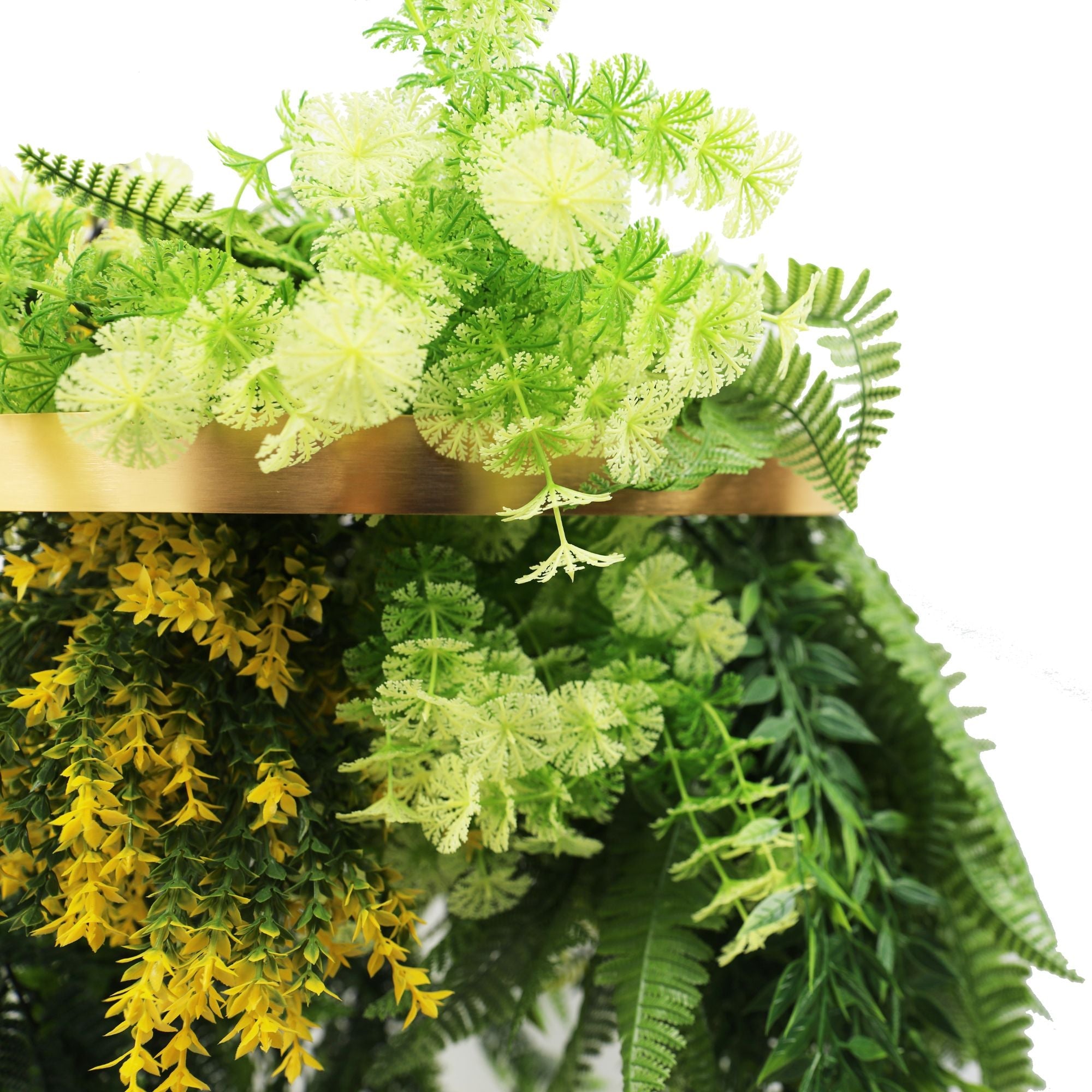 Gold Framed Roof Hanging Disc With Bright Tropical Folaige Mix and Draping Ferns UV Resistant Small