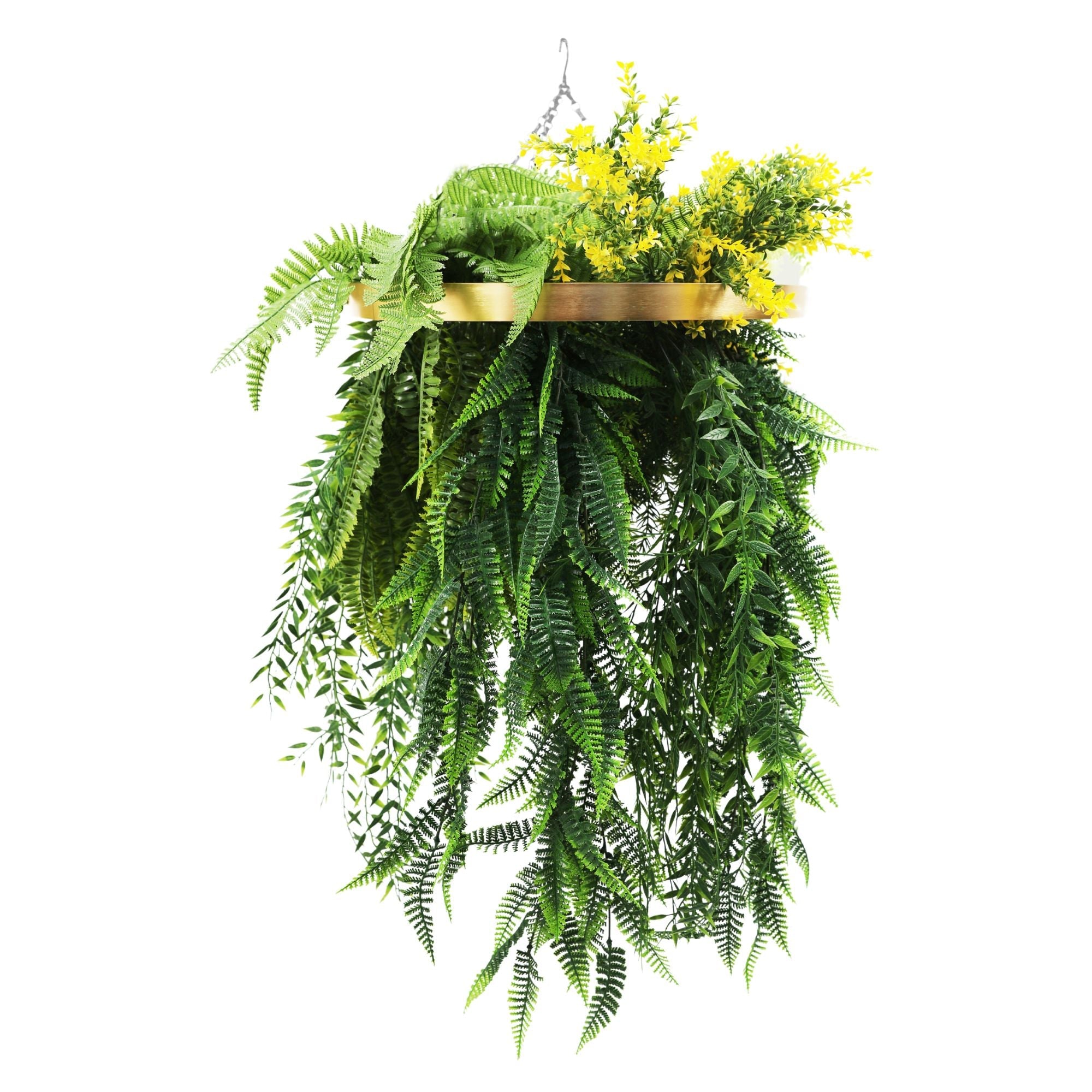 Gold Framed Roof Hanging Disc With Bright Tropical Folaige Mix and Draping Ferns UV Resistant Small