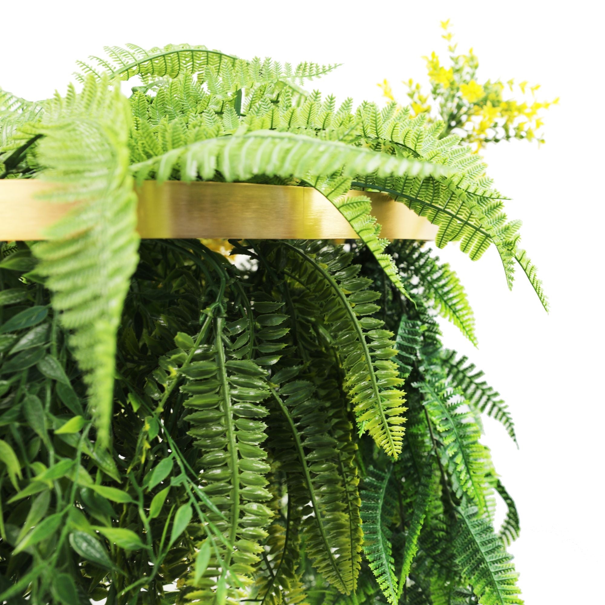 Gold Framed Roof Hanging Disc With Bright Tropical Folaige Mix and Draping Ferns UV Resistant Small