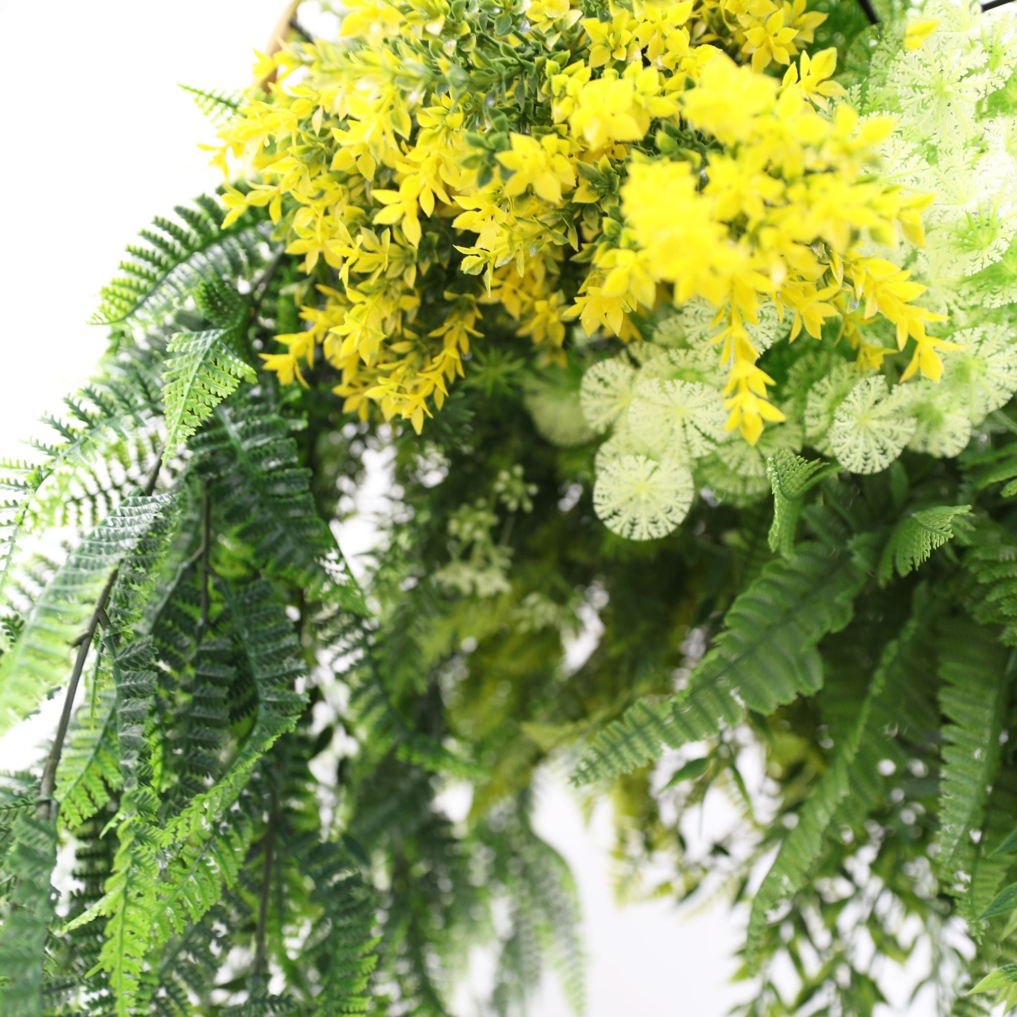 Gold Framed Roof Hanging Disc With Bright Tropical Folaige Mix and Draping Ferns UV Resistant Small