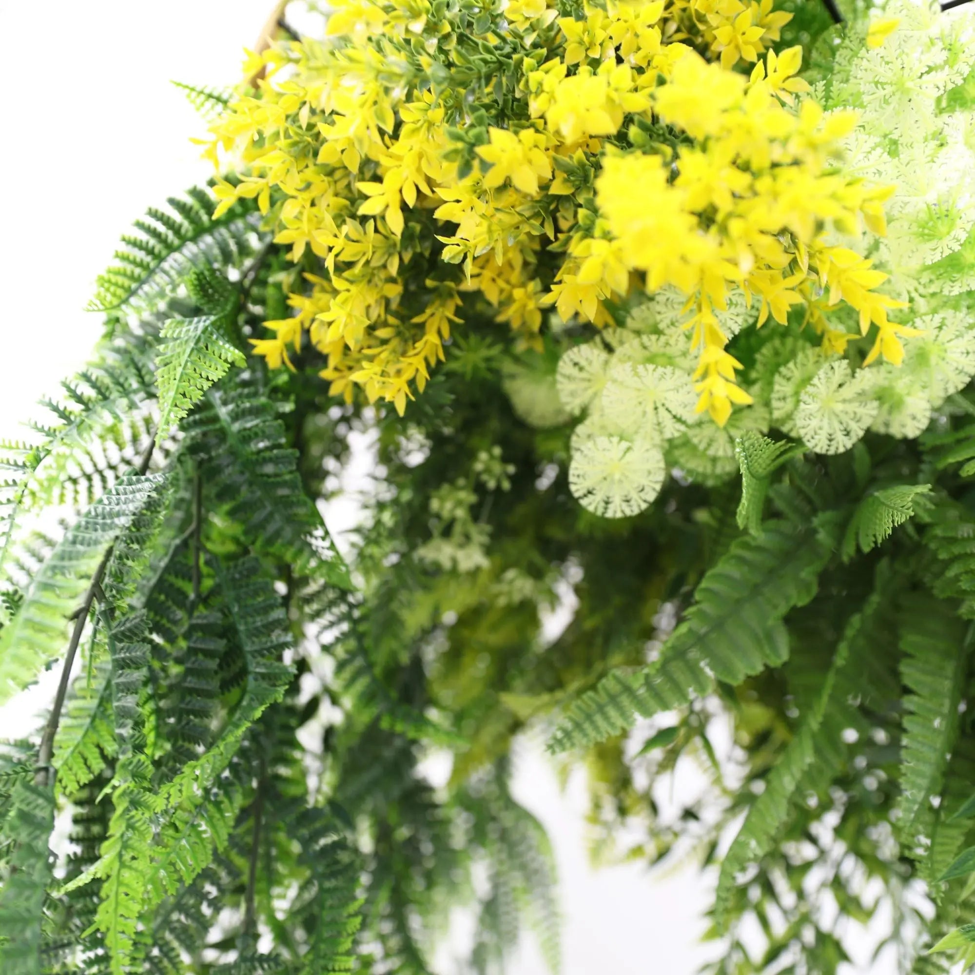 Gold Framed Roof Hanging Disc With Bright Tropical Folaige Mix and Draping Ferns UV Resistant Small