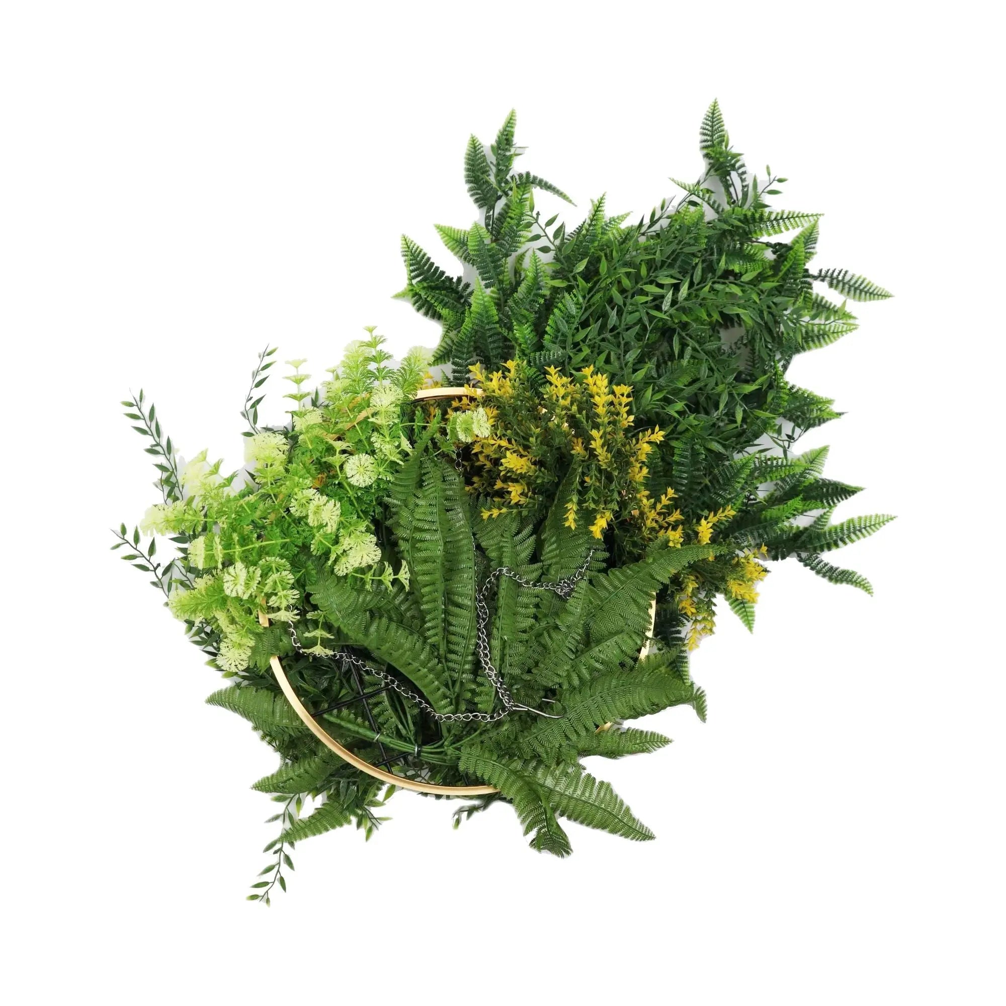 Gold Framed Roof Hanging Disc With Draping Life-Like Ferns and Plants UV Resistant Large