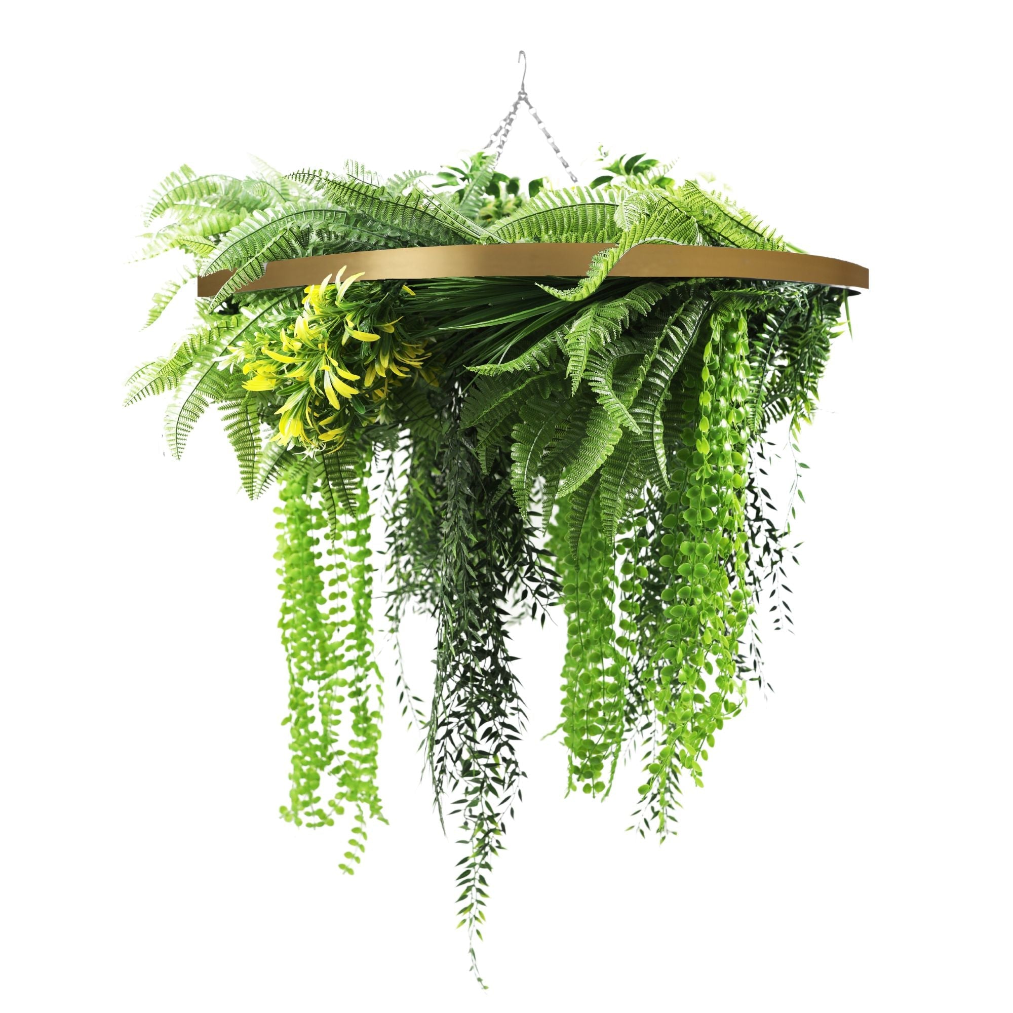 Gold Framed Roof Hanging Disc With Draping Life-Like Ferns and Plants UV Resistant Large