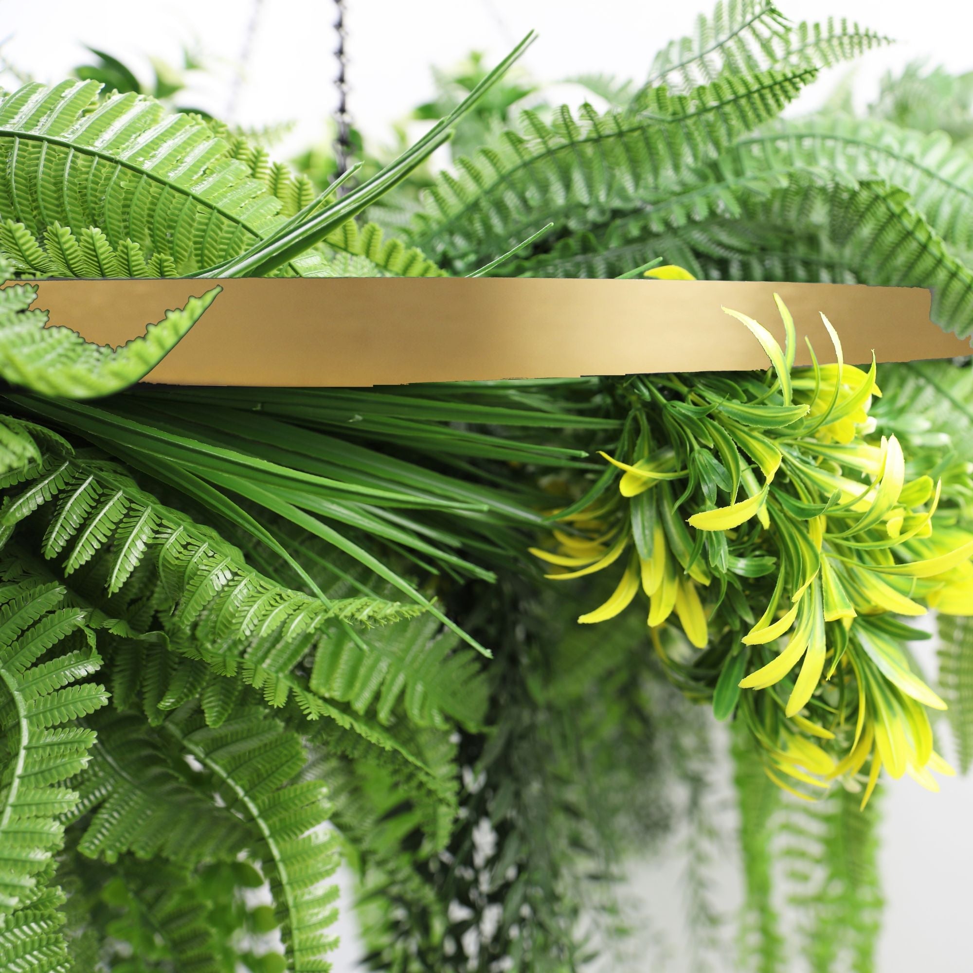 Gold Framed Roof Hanging Disc With Draping Life-Like Ferns and Plants UV Resistant Large