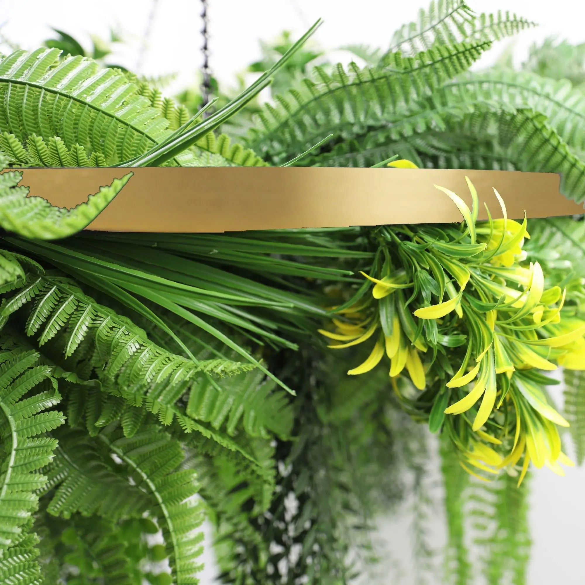 Gold Framed Roof Hanging Disc With Draping Life-Like Ferns and Plants UV Resistant Large