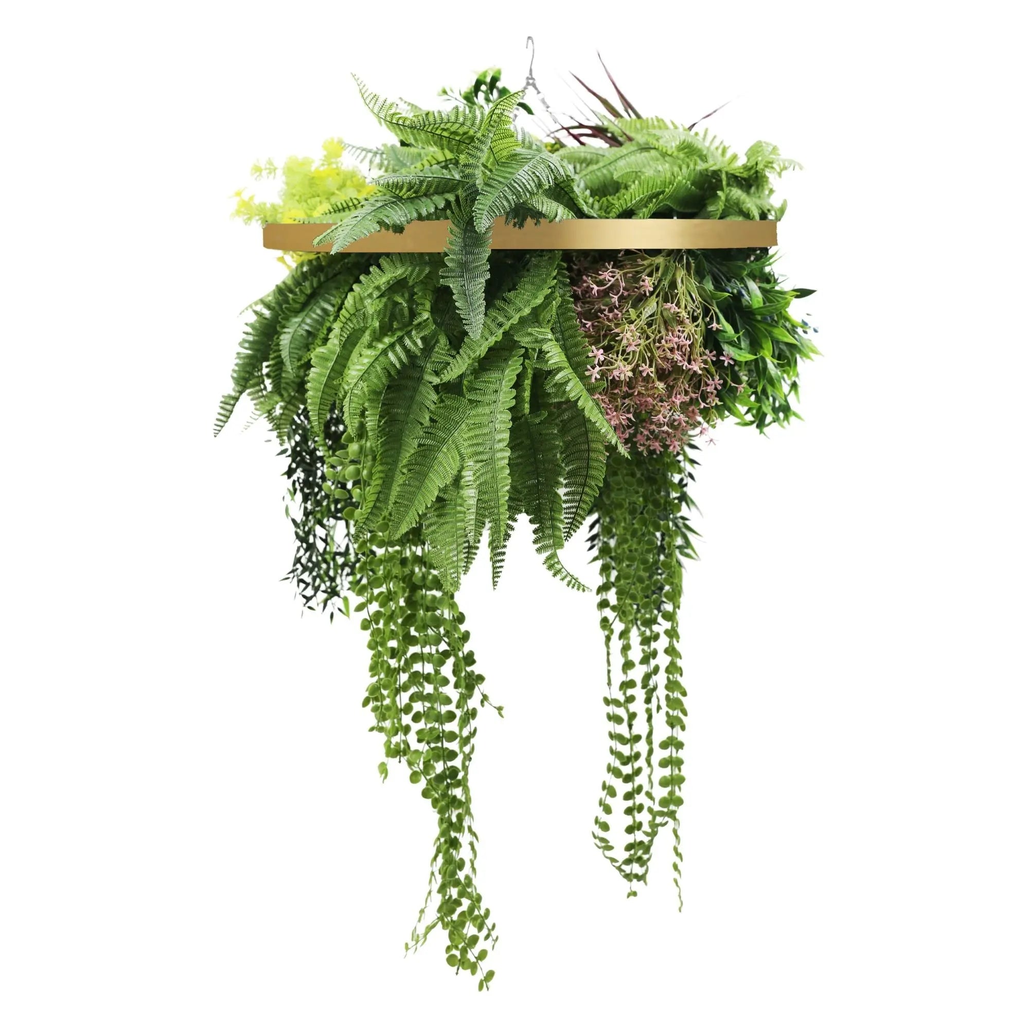 Gold Framed Roof Hanging Disc With Tropical Foliage Mix and Draping Stems UV Resistant Medium
