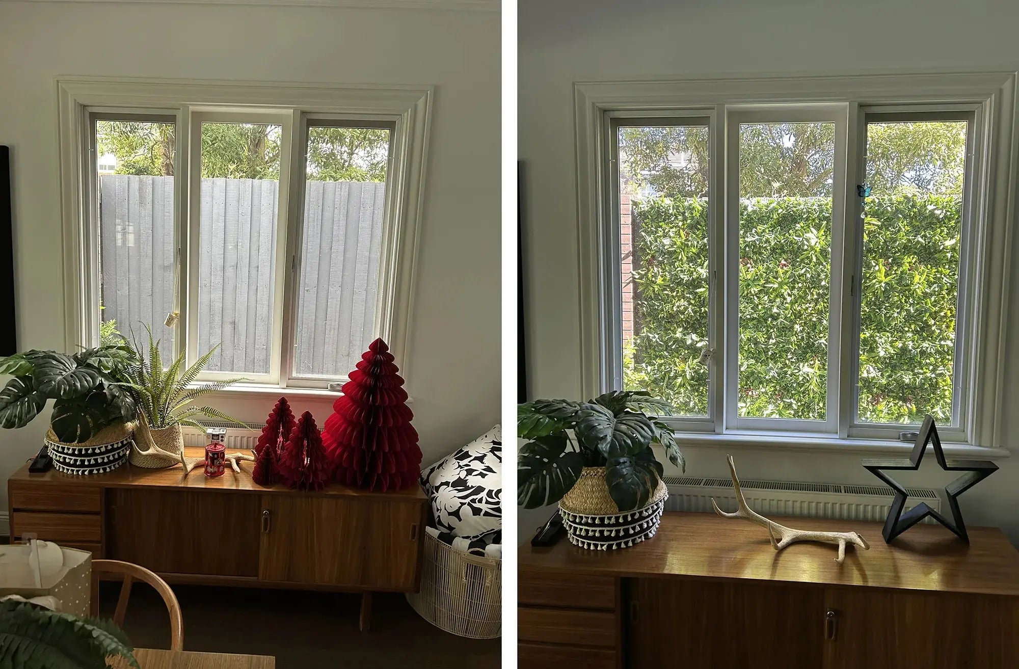 Plant wall panel installed along a fence before and after