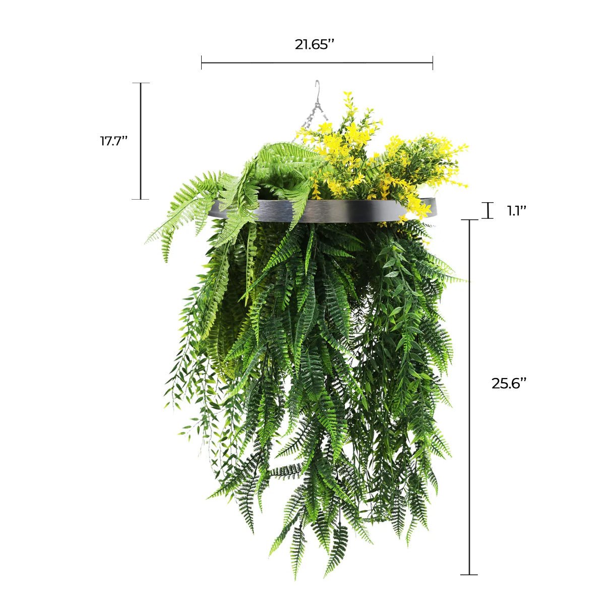 Silver Framed Roof Hanging Disc With Bright Tropical Foliage Mix and Draping Ferns UV Resistant Small