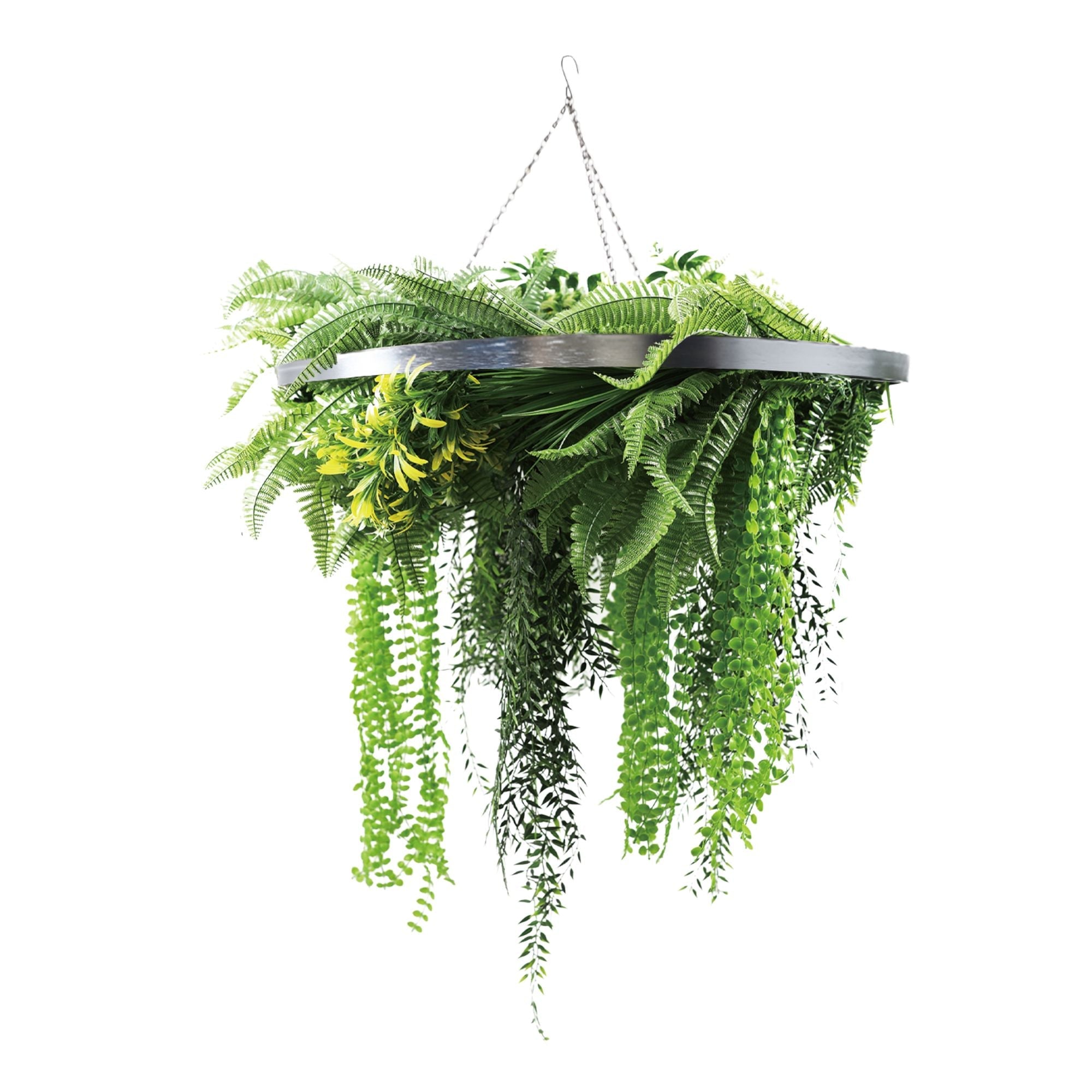 Silver Framed Roof Hanging Disc With Draping Life-Like Ferns and Plants UV Resistant Large