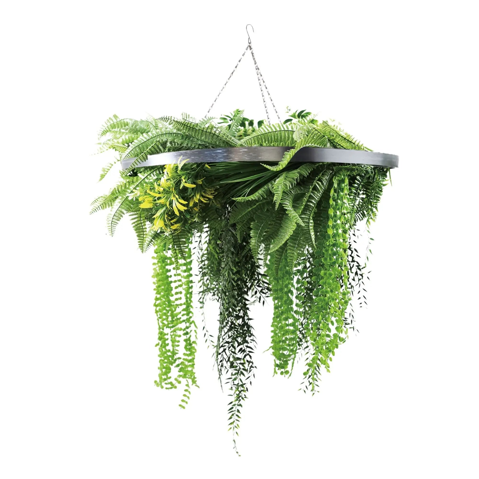 Silver Framed Roof Hanging Disc With Draping Life-Like Ferns and Plants UV Resistant Large