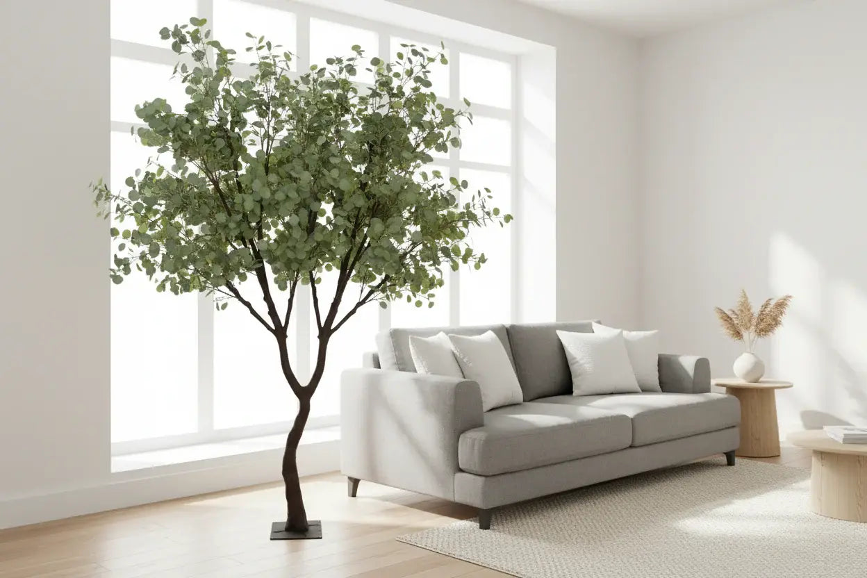 Living room with a gray sofa, decorative plant, and small table.
