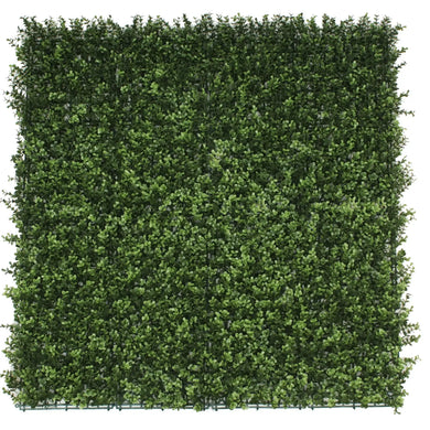 Natural green artificial boxwood wall panel 40x40in shown as a garden privacy screen