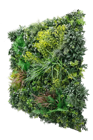 Tropical Vibe fire retardant artificial green wall panel 35x35in with layered tropical leaves