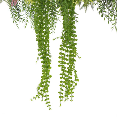 Artificial hanging plant disc with gold frame and faux pearls draping plants