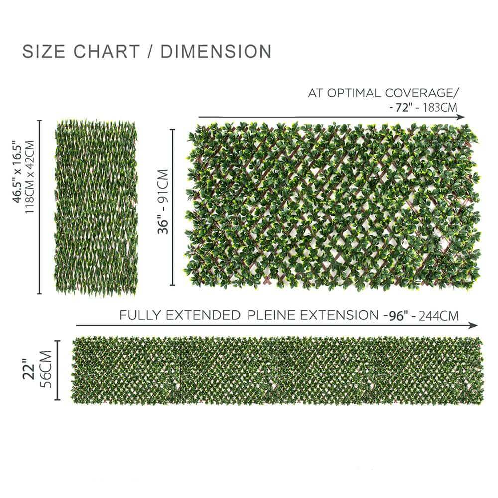 Expandable Faux Ficus Leaf trellis privacy fence with adjustable lattice design, UV resistant, 72" x 36" size