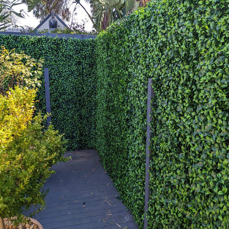 An enchanting garden adorned with a Jasmine Artificial Green Wall 40" x 40" 11SQFT Commercial Grade UV Resistant and an array of potted plants.