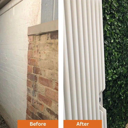 Artificial Boston Ivy Panel Before and After Green Wall on a Brick Fence