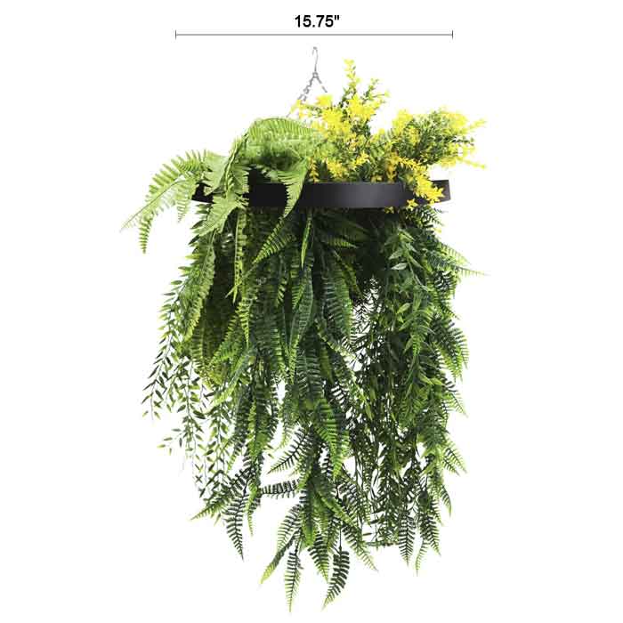 Black Framed Hanging Disc with Bright Tropical Foliage and Draping Ferns UV Resistant Small