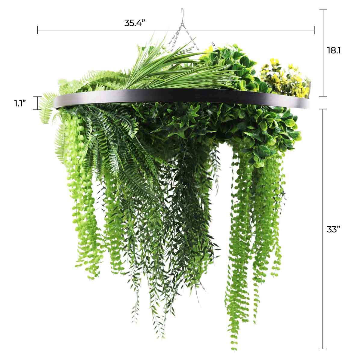 Black Framed Roof Hanging Disc With Draping Life-Like Ferns and Plants UV Resistant Large