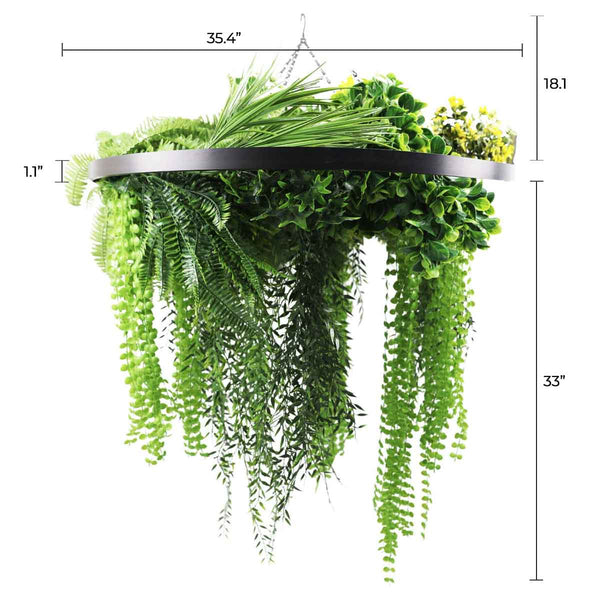 Black Framed Roof Hanging Disc With Draping Life-Like Ferns and Plants UV Resistant Large 