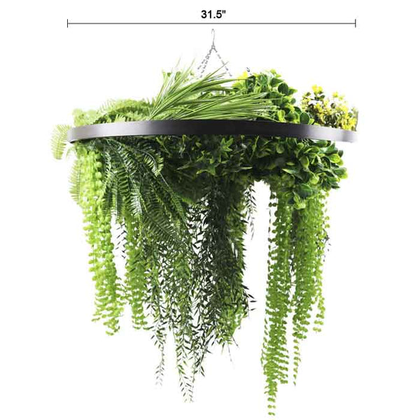 Black Framed Roof Hanging Disc With Draping Life-Like Ferns and Plants UV Resistant Large 