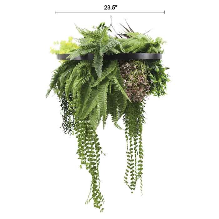 Black Framed Roof Hanging Disc With Tropical Foliage Mix and Draping Stems UV Resistant Medium