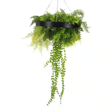 Black Framed Roof Hanging Disc With Draping Faux Plants 15.5" 