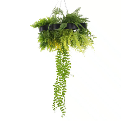 Black Framed Roof Hanging Disc With Draping Faux Plants 15.5" 