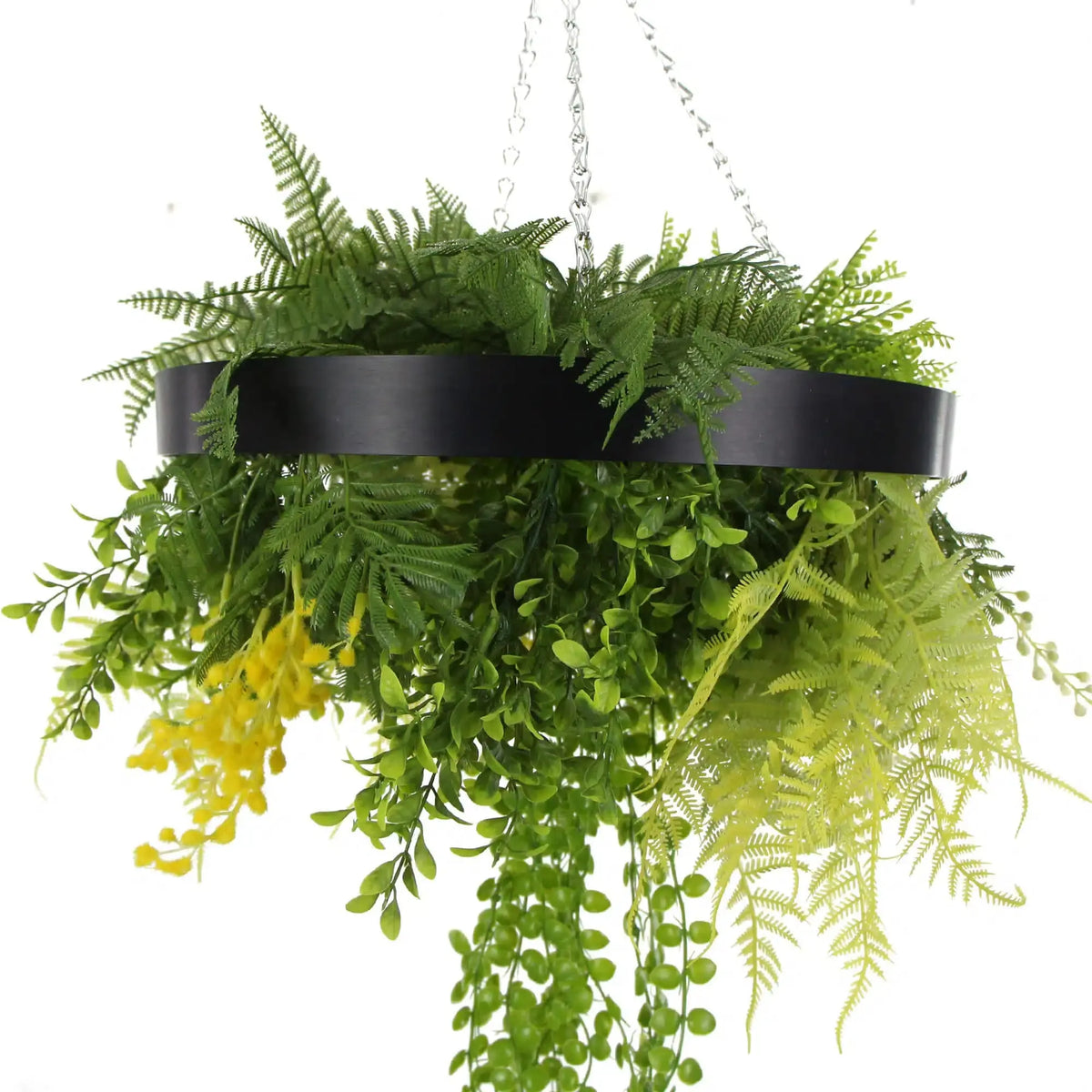 Black Framed Roof Hanging Disc With Draping Faux Plants 15.5" 
