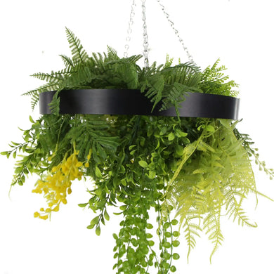 Black Framed Roof Hanging Disc With Draping Faux Plants 15.5" 