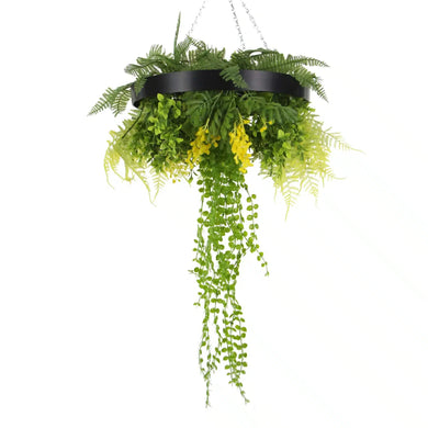 Black Framed Roof Hanging Disc With Draping Faux Plants 15.5" 