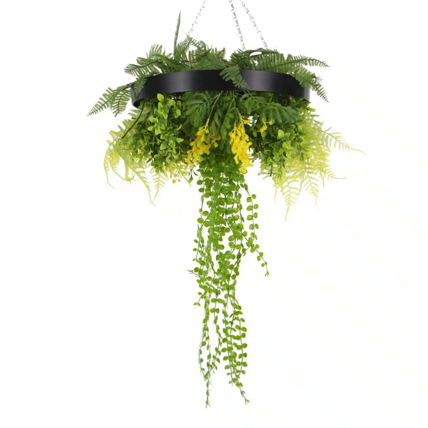 Black Framed Roof Hanging Disc With Draping Faux Plants 15.5" 