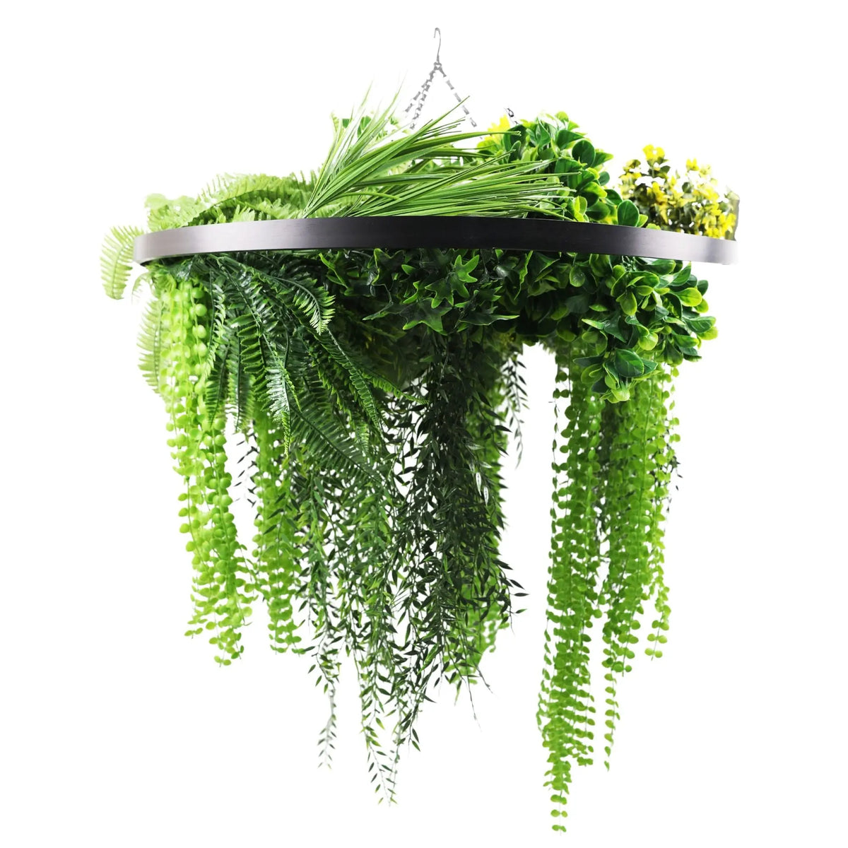 Black Framed Roof Hanging Disc With Draping Life-Like Ferns and Plants UV Resistant Large 