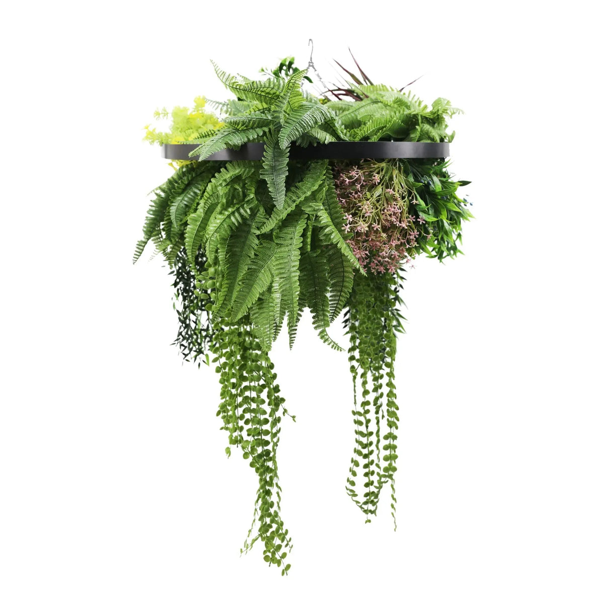 Black Framed Roof Hanging Disc With Tropical Foliage Mix and Draping Stems UV Resistant Medium 