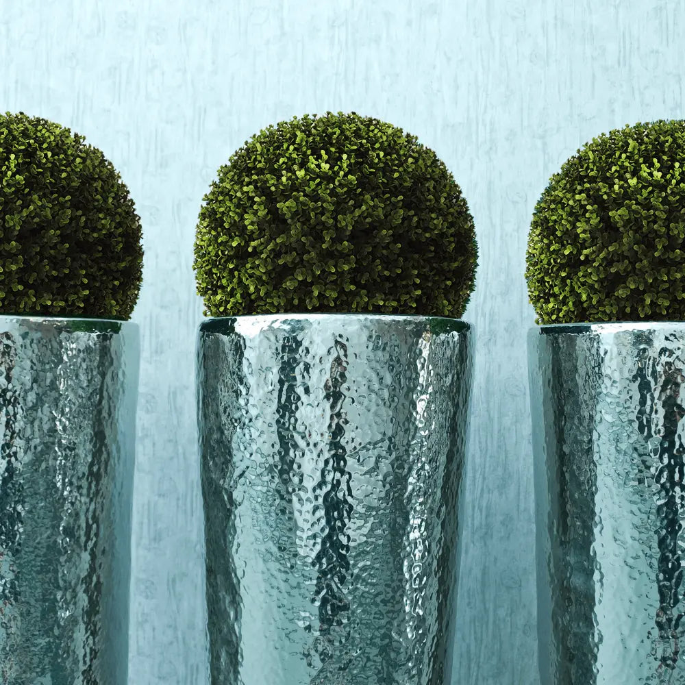 Faux Dense Boxwood Balls on silver planters