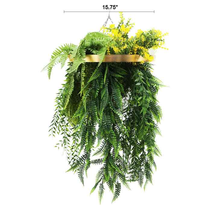 Gold Framed Roof Hanging Disc With Bright Tropical Folaige Mix and Draping Ferns UV Resistant Small