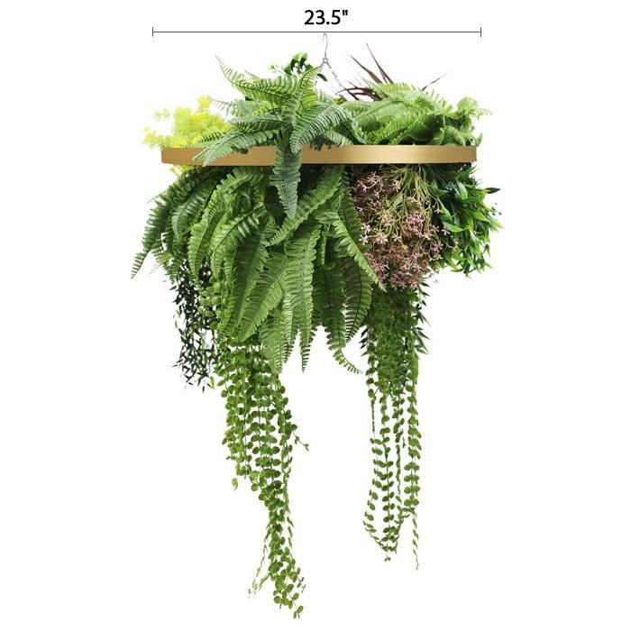 Gold Framed Roof Hanging Disc With Tropical Foliage Mix and Draping Stems UV Resistant Medium