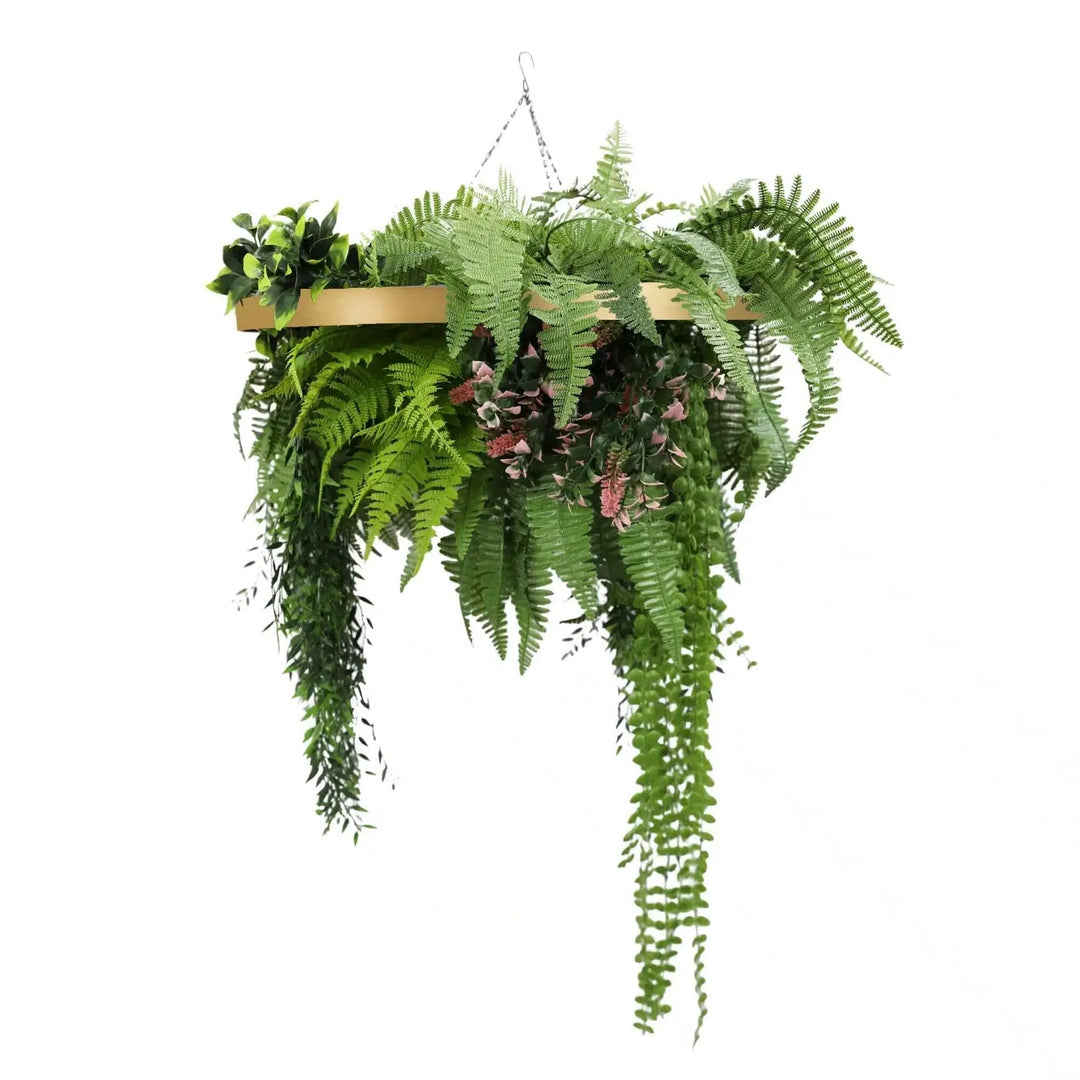 Gold Framed Roof Hanging Disc With Draping Life-Like Plants 23.6" 