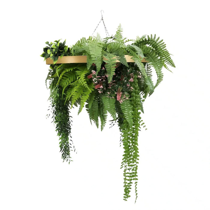 Gold Framed Roof Hanging Disc With Draping Life-Like Plants 23.6"