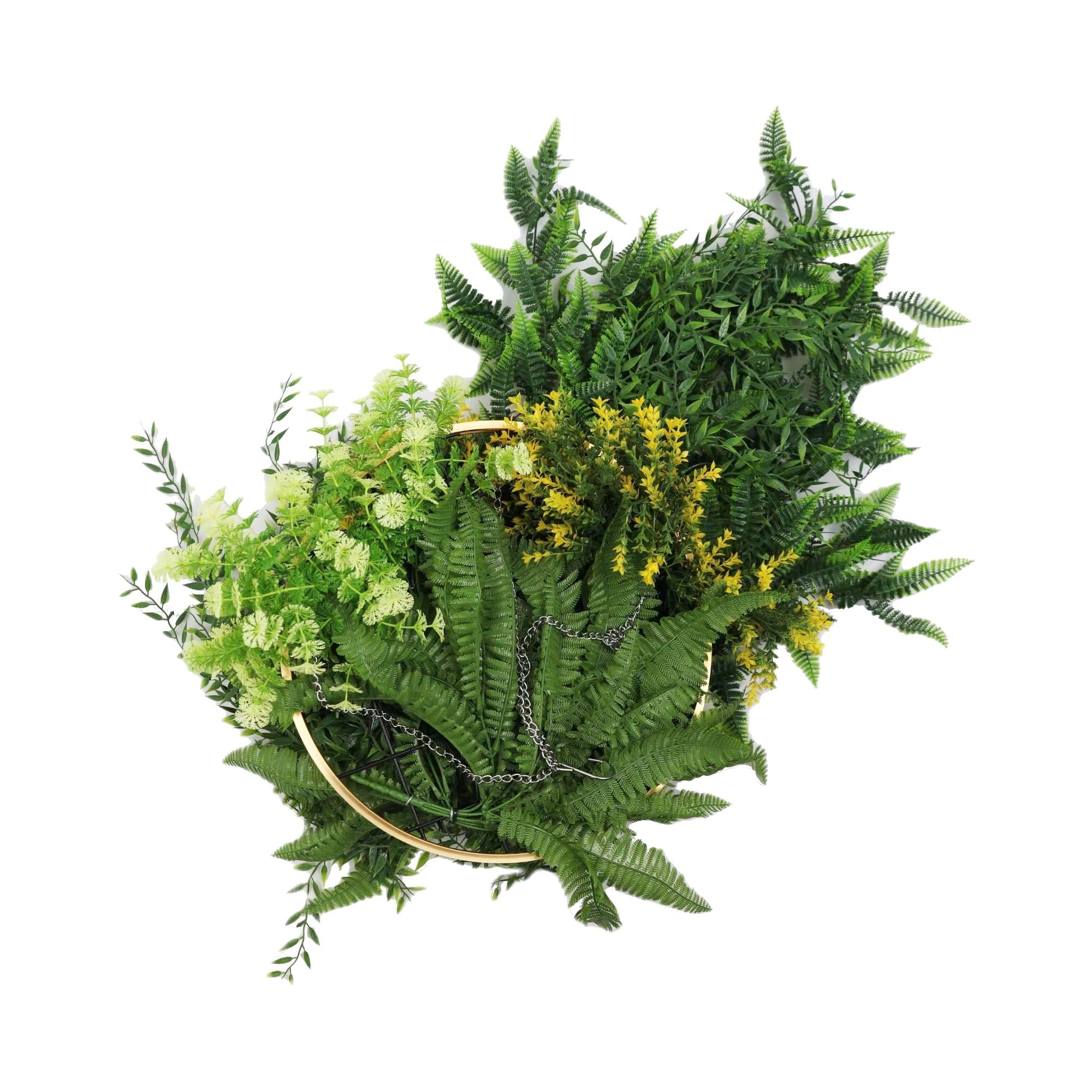 Gold Framed Roof Hanging Disc With Bright Tropical Folaige Mix and Draping Ferns UV Resistant Small