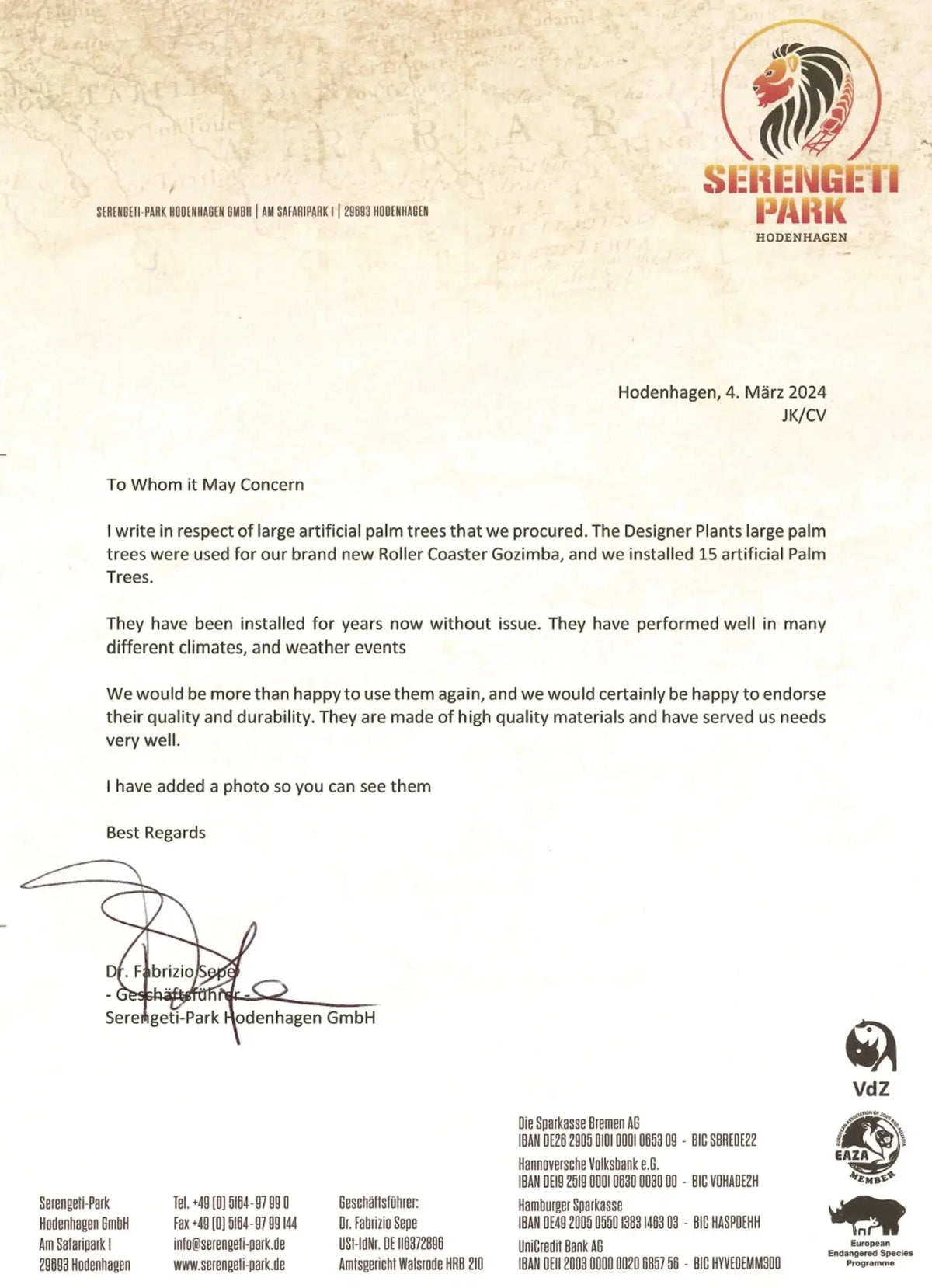 Letter from Serengeti Park about artificial palm trees used in a roller coaster, with park logo at top.