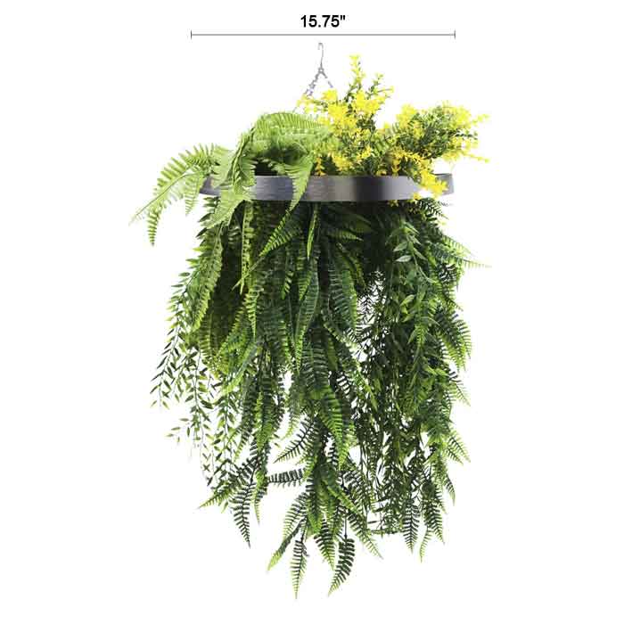 Silver Framed Roof Hanging Disc With Bright Tropical Foliage Mix and Draping Ferns UV Resistant Small