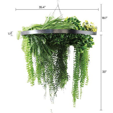 Silver Framed Roof Hanging Disc With Draping Life-Like Ferns and Plants UV Resistant Large 