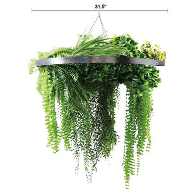 Silver Framed Roof Hanging Disc With Draping Life-Like Ferns and Plants UV Resistant Large 