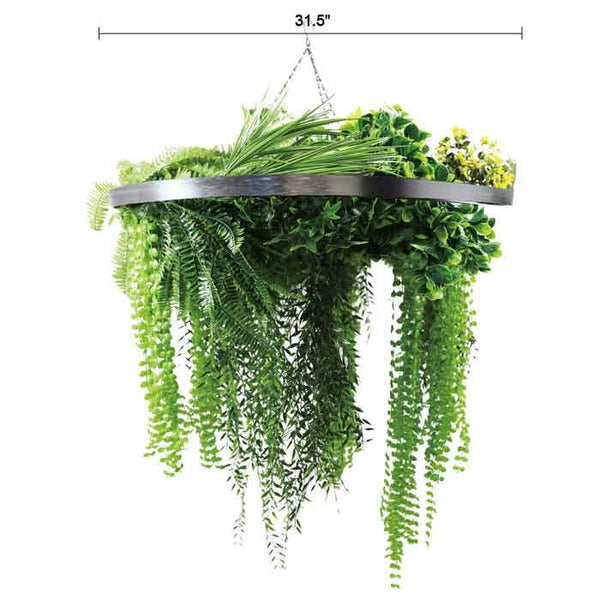 Silver Framed Roof Hanging Disc With Draping Life-Like Ferns and Plants UV Resistant Large 
